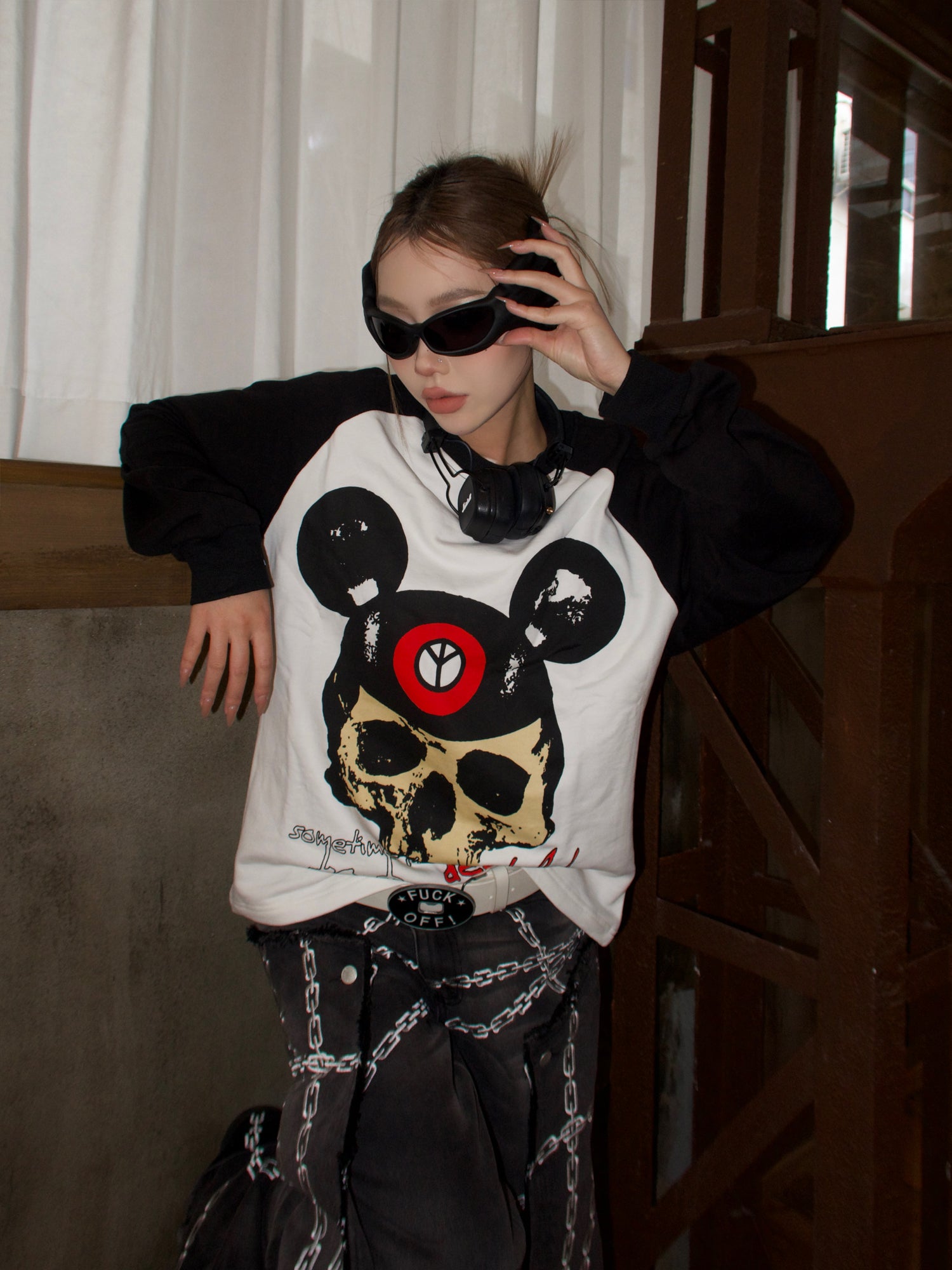 Human Voices Heavy Skull Print Black and White Shoulder Long Sleeve Tee