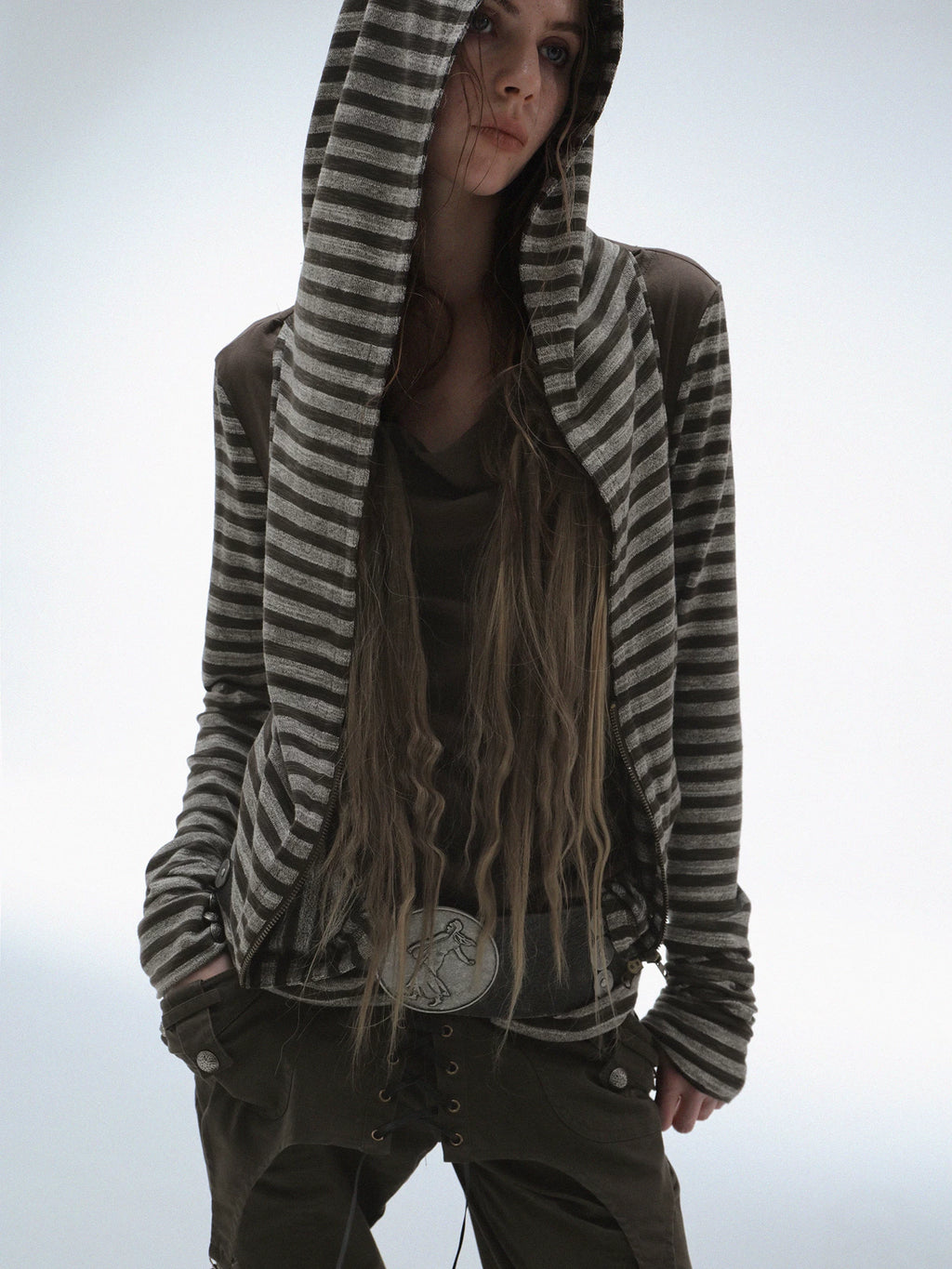 DoublePunch Fake Two-piece Splicing Striped Zipper Long Sleeve