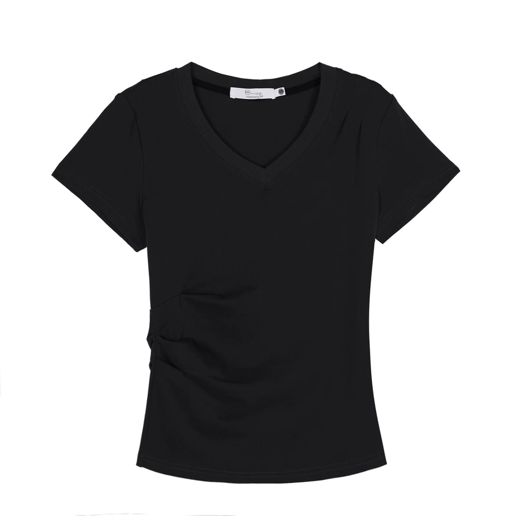 XUJING Pleated Front Shoulder Slim and Thin Tee