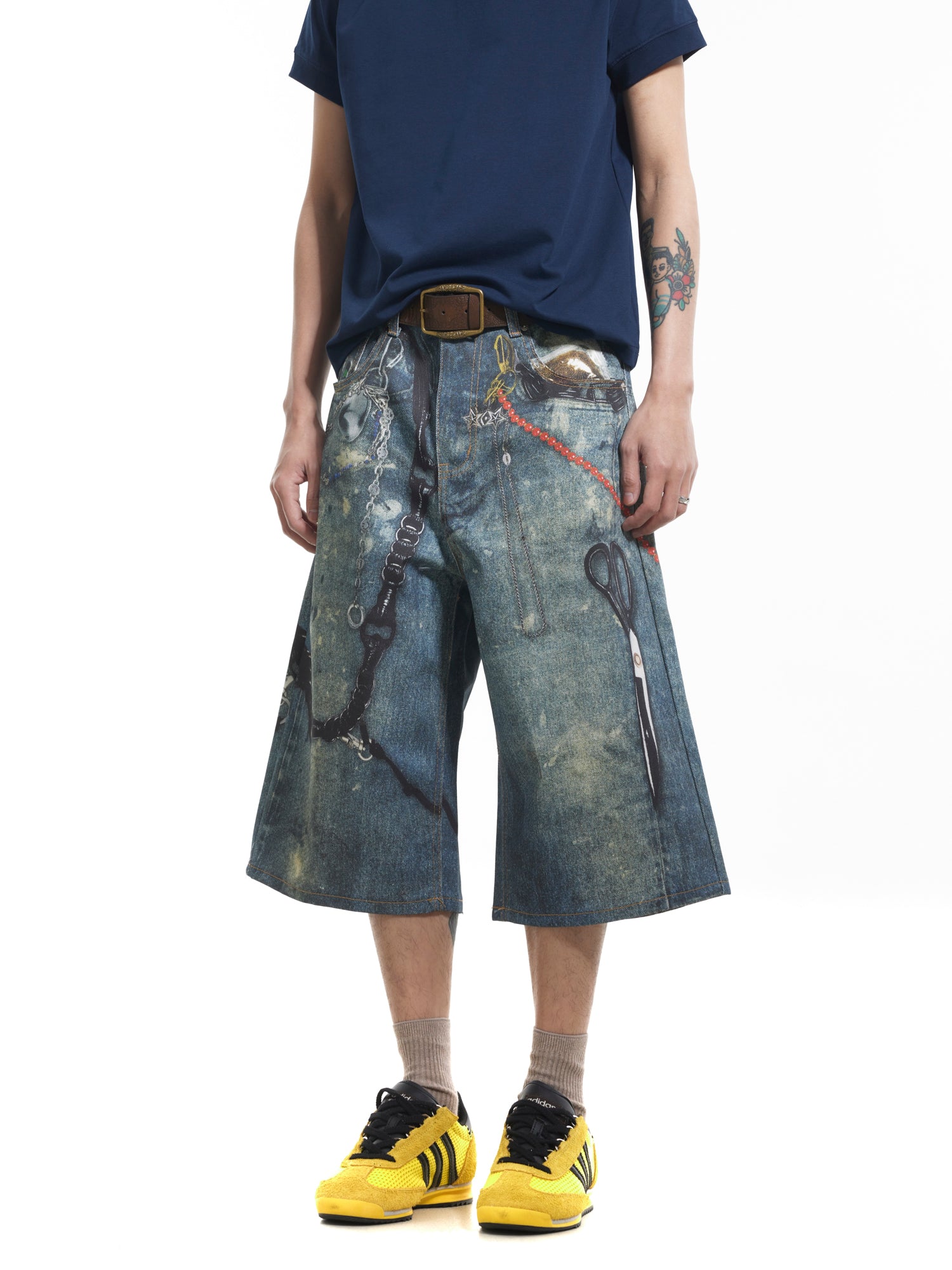 BTSG 3D digital printing ink splashing chain denim shorts