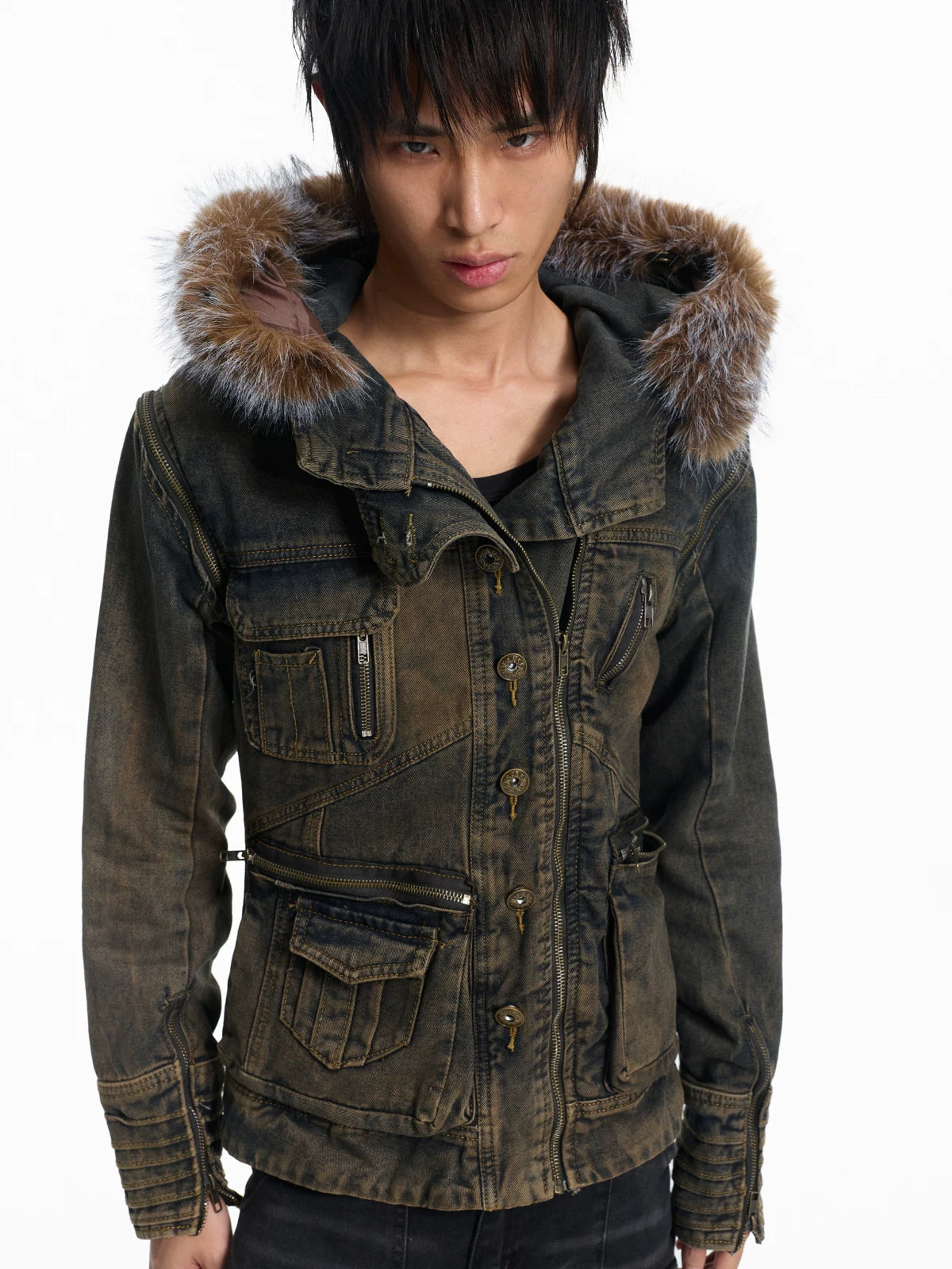 Lightinus Removable Sleeve Fur Collar Two Wear Strap Waist Denim Jacket
