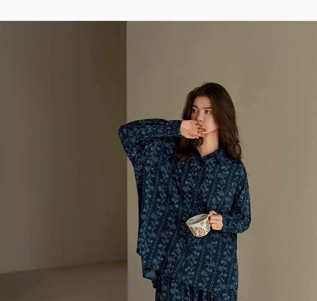 YUENEI Pure Cotton Loungewear Old Money Wind Long-sleeved Pajamas