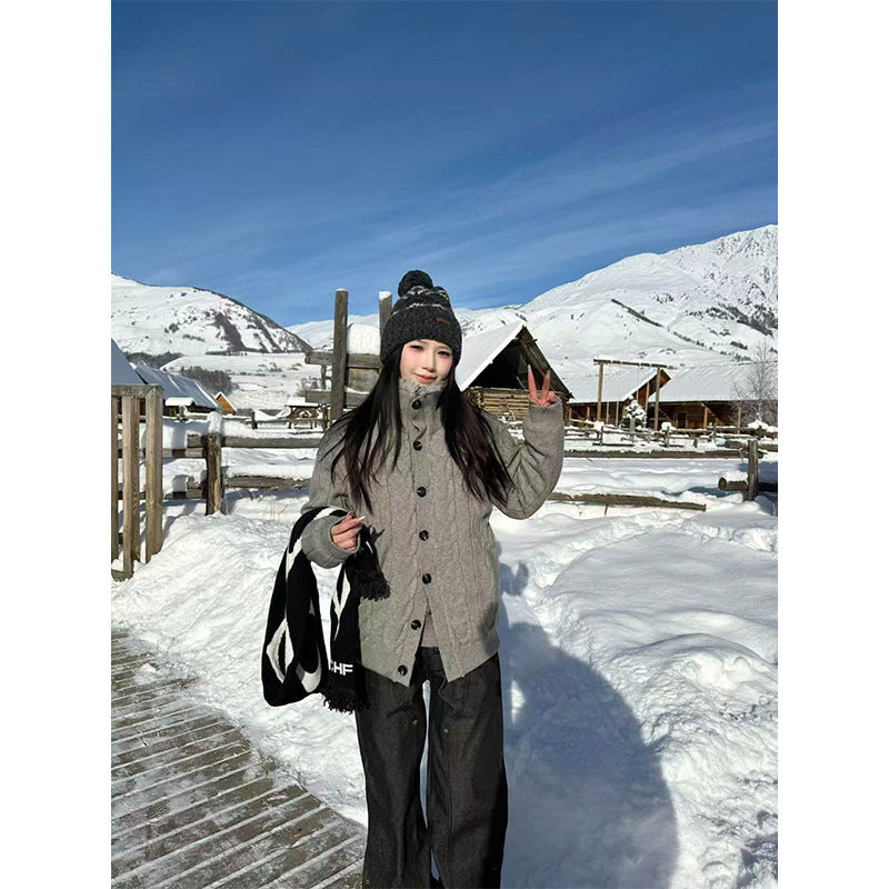 EME Knitted Stand-neck Zip-up Cardigan