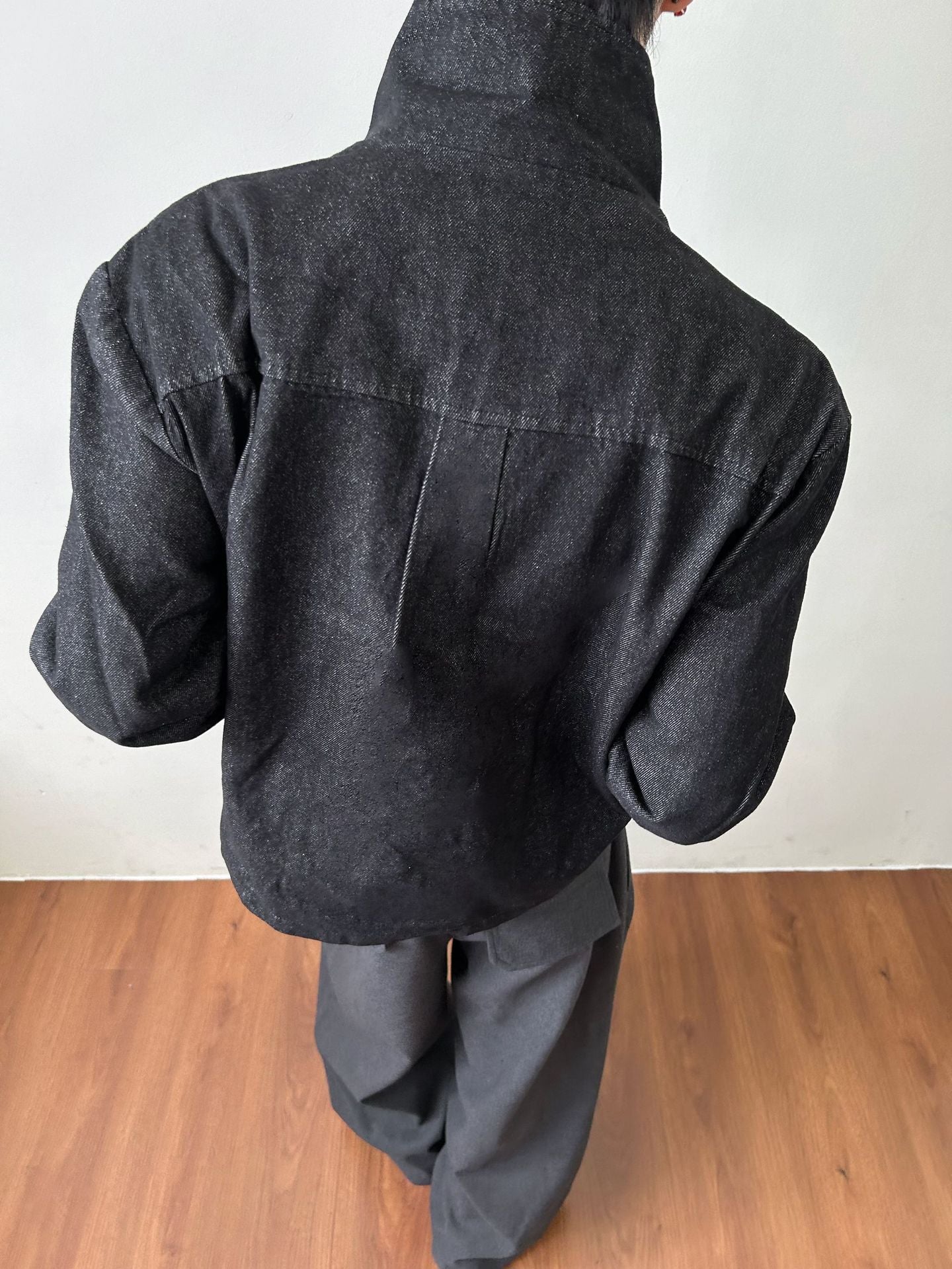 EME Stand-up Collar Button-down Denim Irregular Jacket