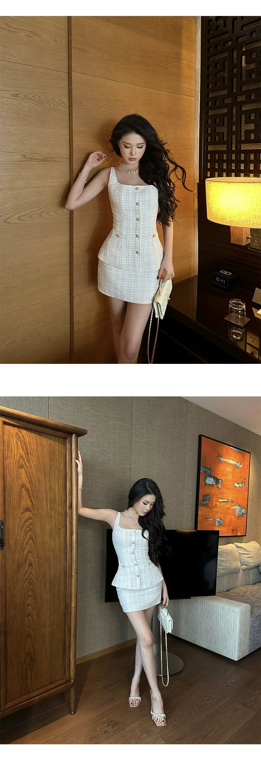LLROGE Square Neck Suspender High Waist Skirt Set