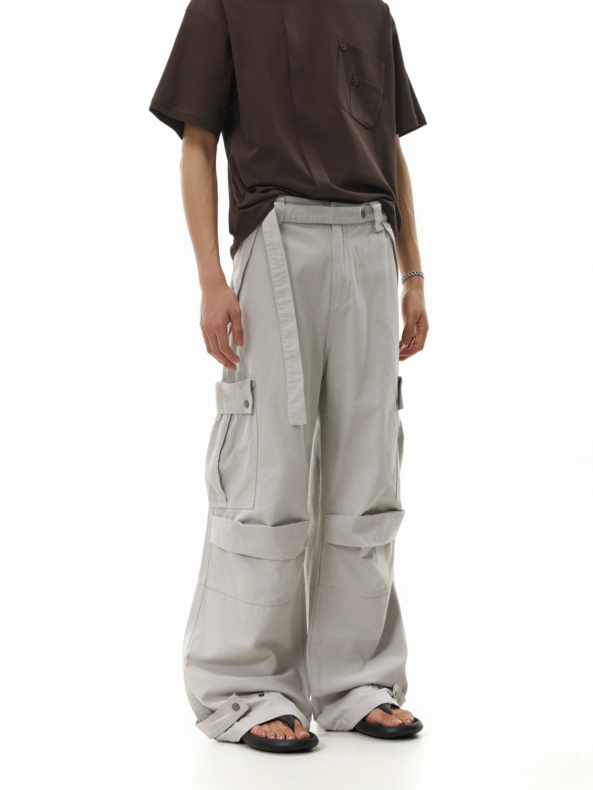 BTSG Pleated Straps Three-dimensional Multi-pocket Tooling Wide-leg Pants