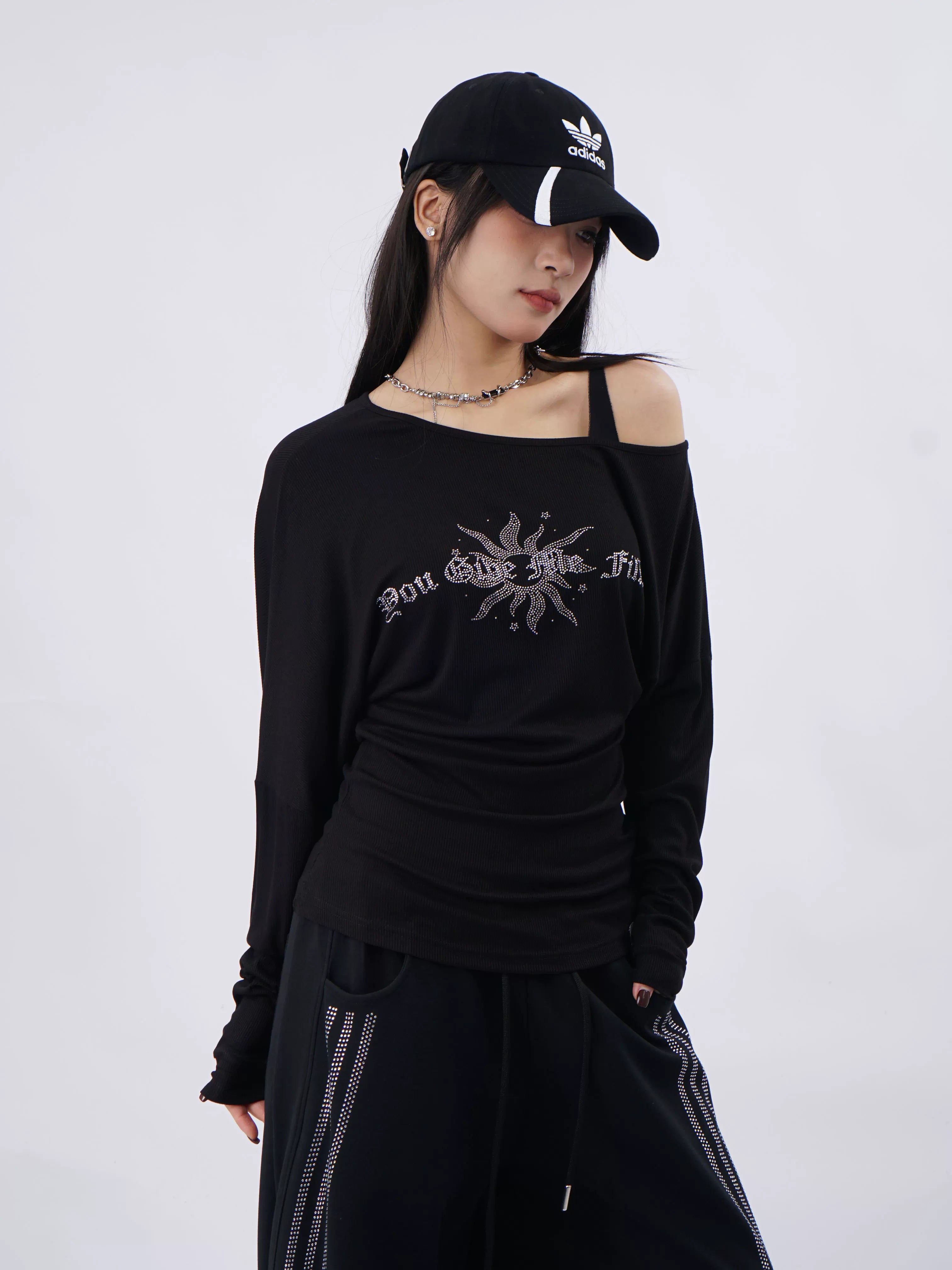 SAMUSAN Letter Hot Diamond Slash Shoulder Long Sleeve
