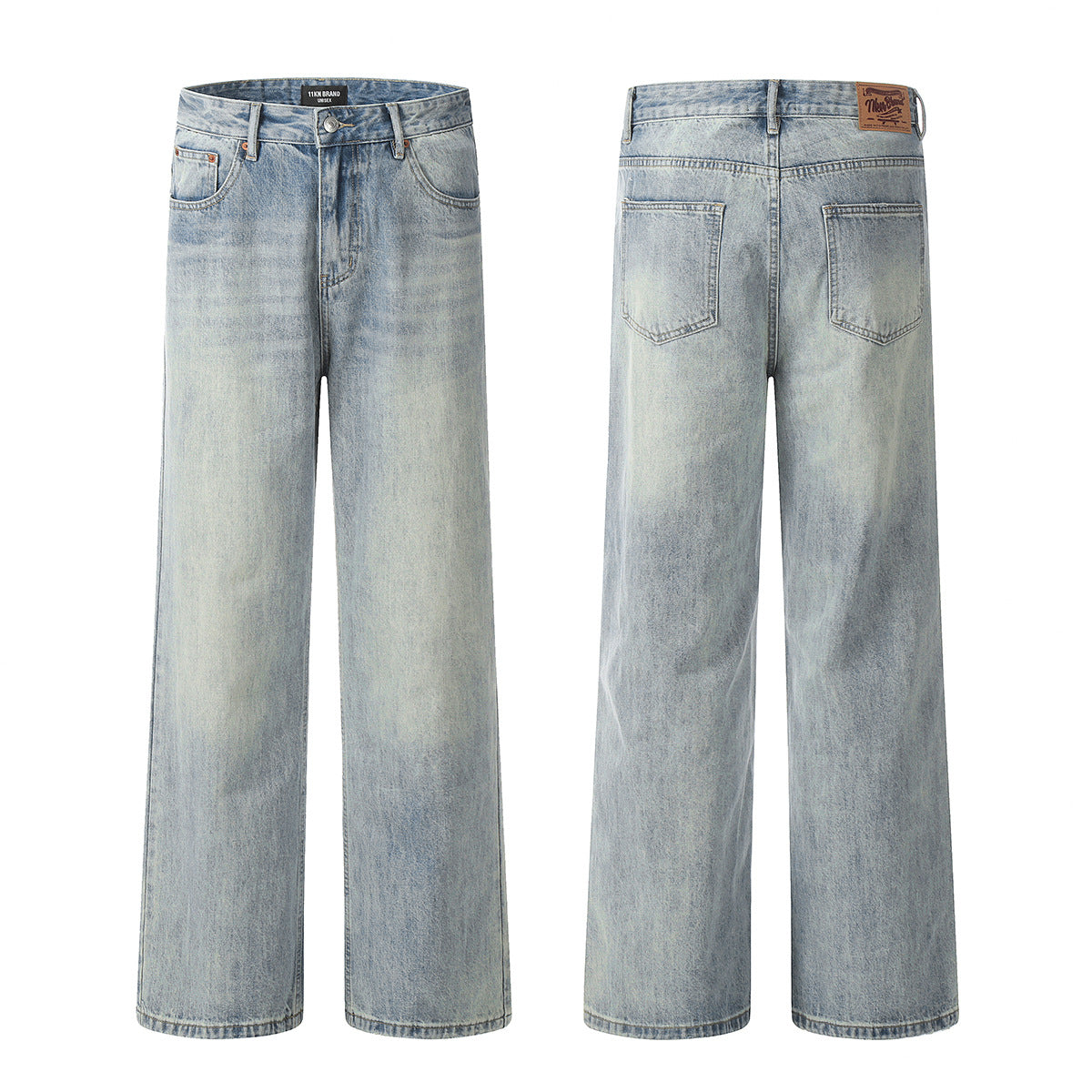 11KN Street Retro Blue Jeans American High Street Distressed Washed Straight Slim Loose Wide-leg Jeans