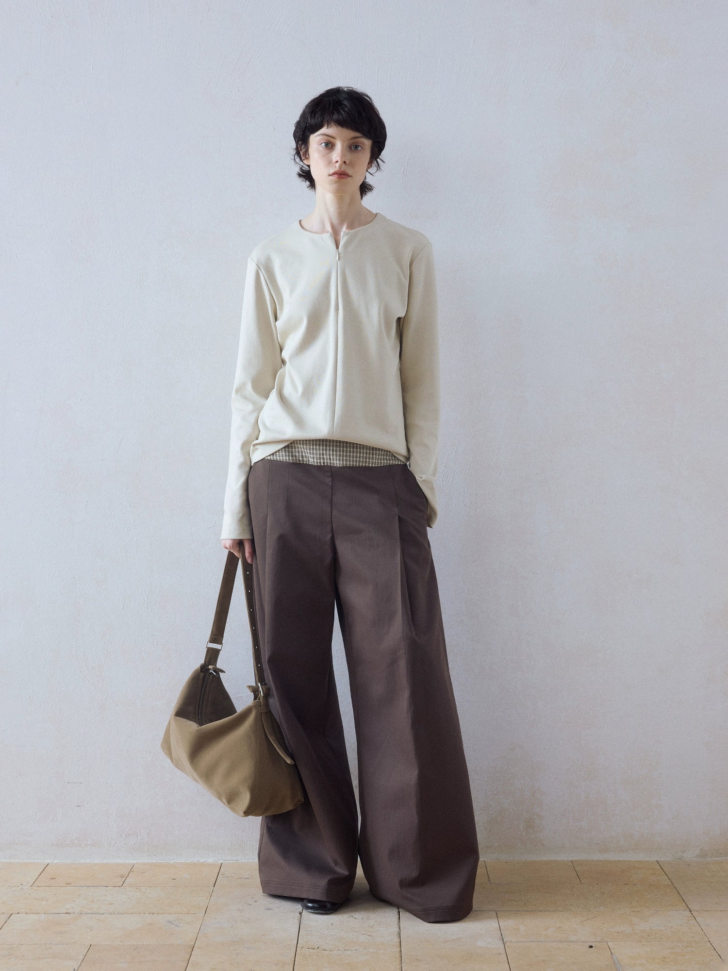 DIMC Checked Stitching Inner Pleated Wide-leg High-waisted Pants