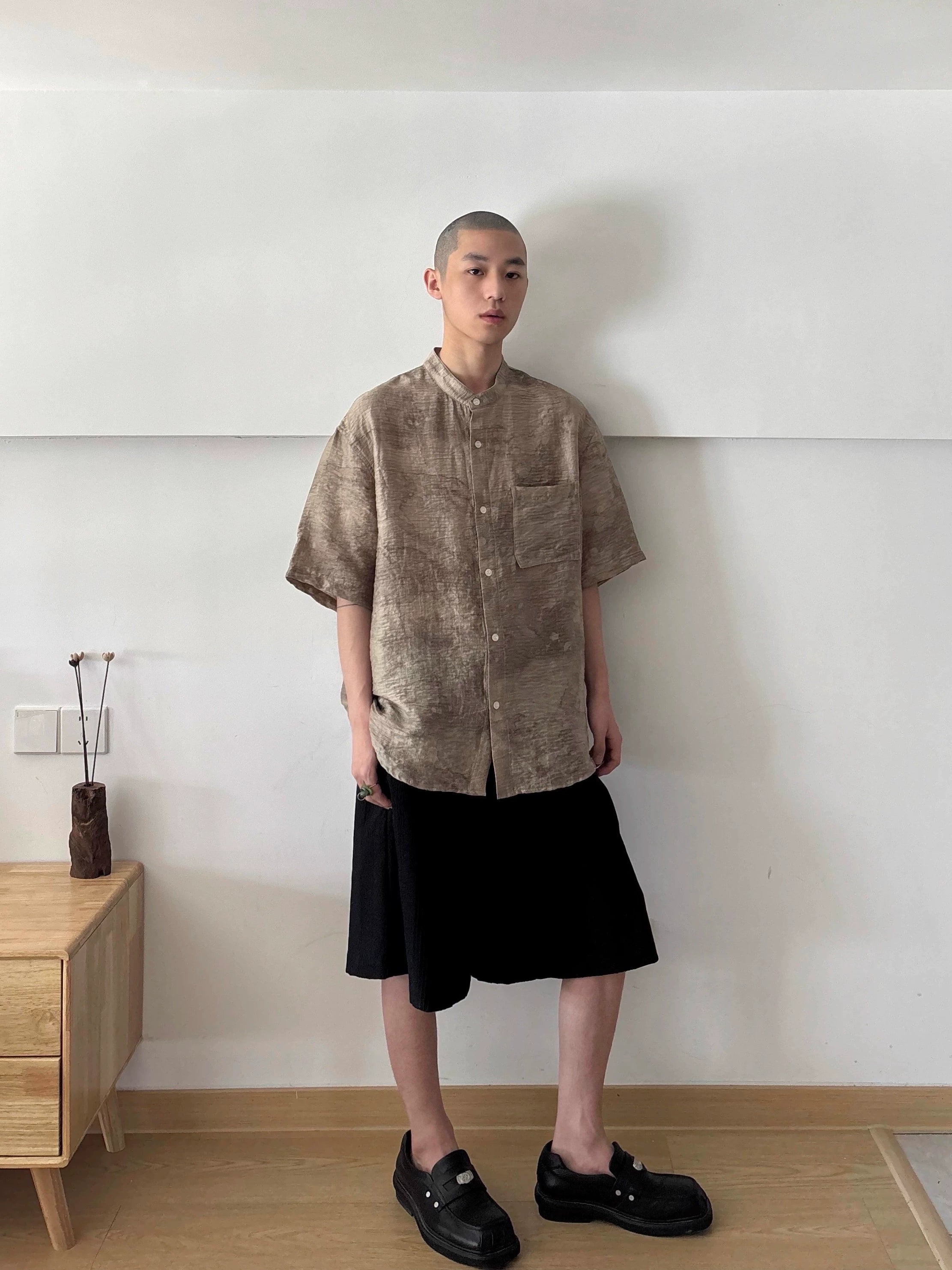 Imdelusion Tencel Retro Printing Tie-dye Gradual Change Pleated Stand-up Collar Shirt