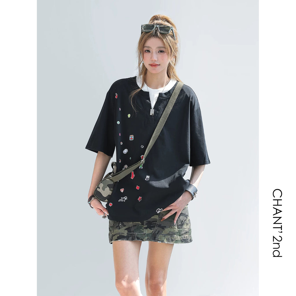 CHANT2nd Contrasting Color Splicing Fake Two-piece Loose Tee