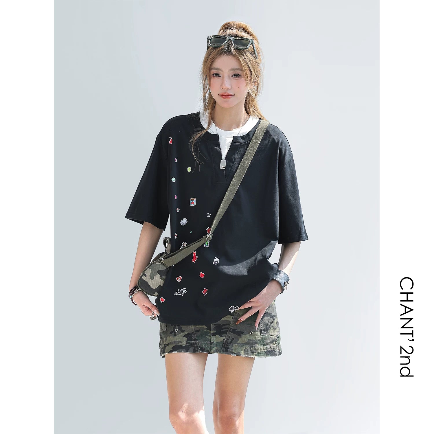 CHANT2nd Contrasting Color Splicing Fake Two-piece Loose Tee