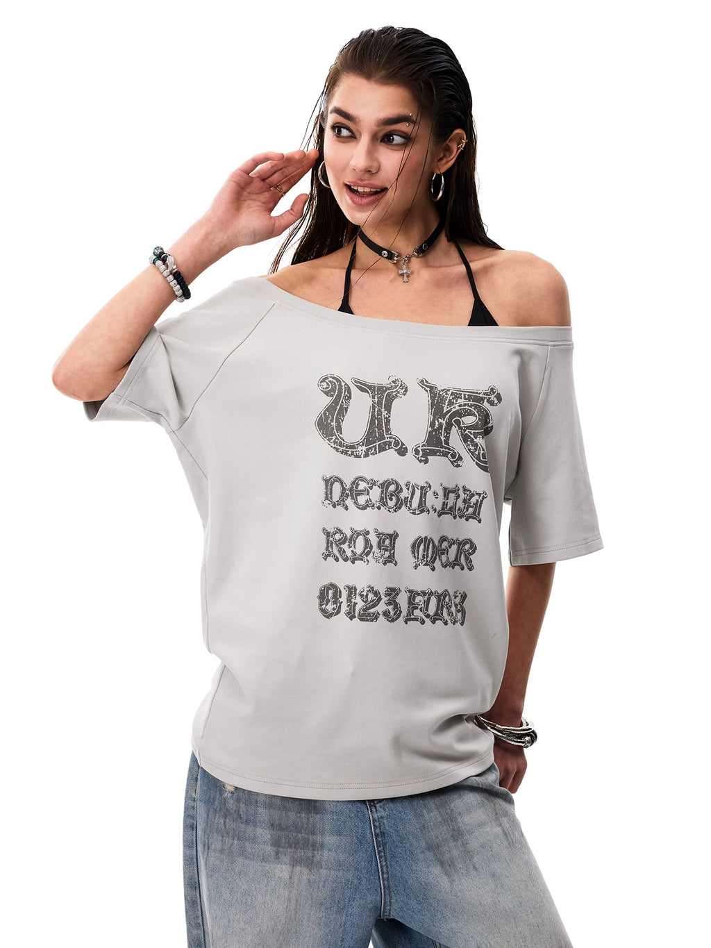0123Start Diagonal Shoulder Contrasting Loose Tee