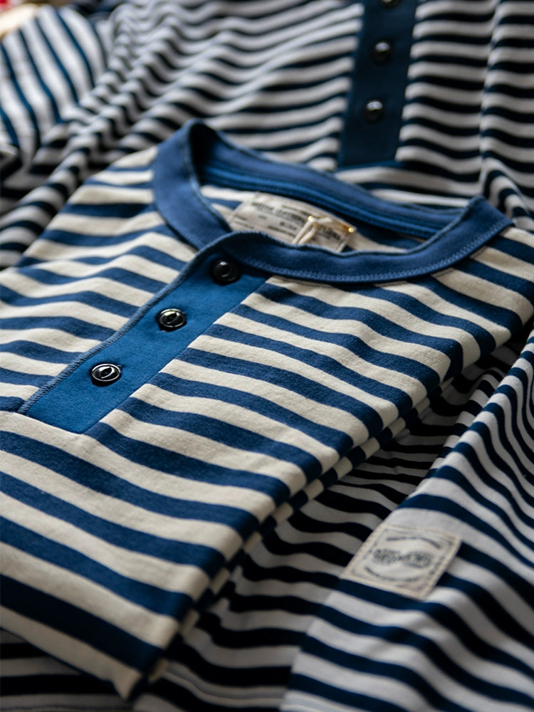 PrintAce Vintage Knitted Striped Henry Collar Button Tee