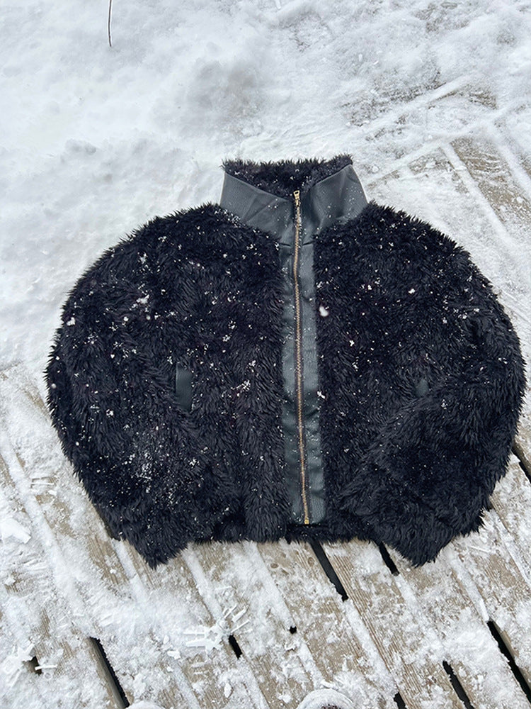 Eme Retro Fuzzy Trimmed Leather Warm Stand Collar Jacket