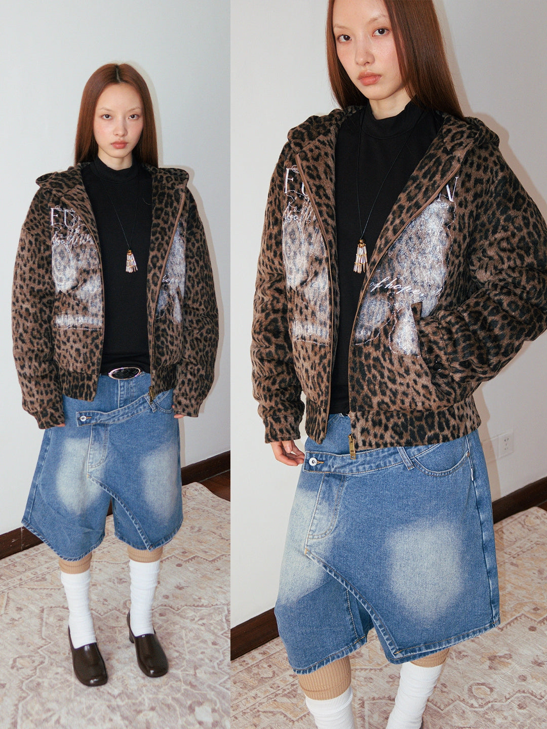 FUNKYFUN dark leopard print old print padded cotton thickened cotton clothes hooded sweater jacket