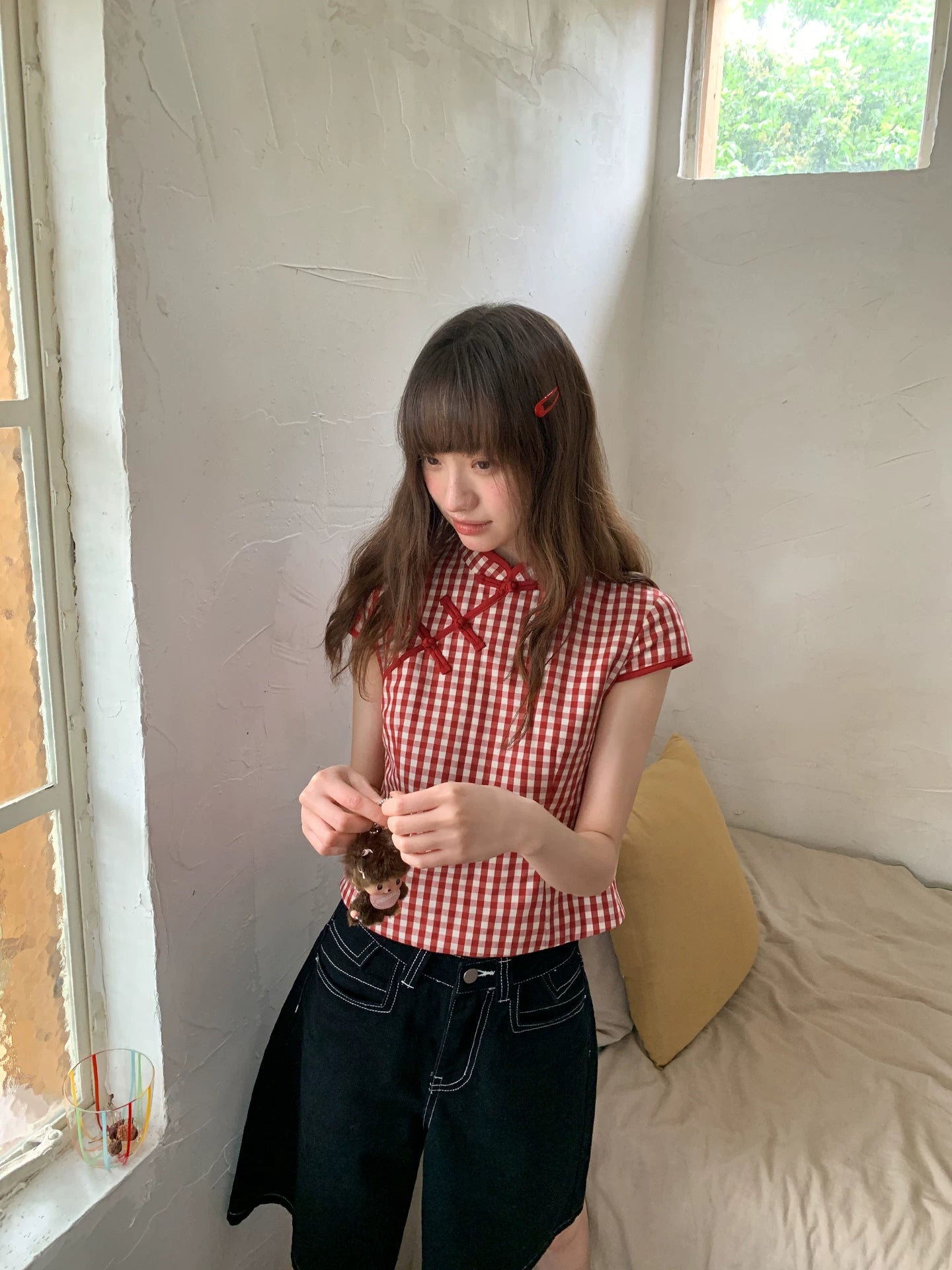 KANO Stand-up Collar Plaid Casual Tee