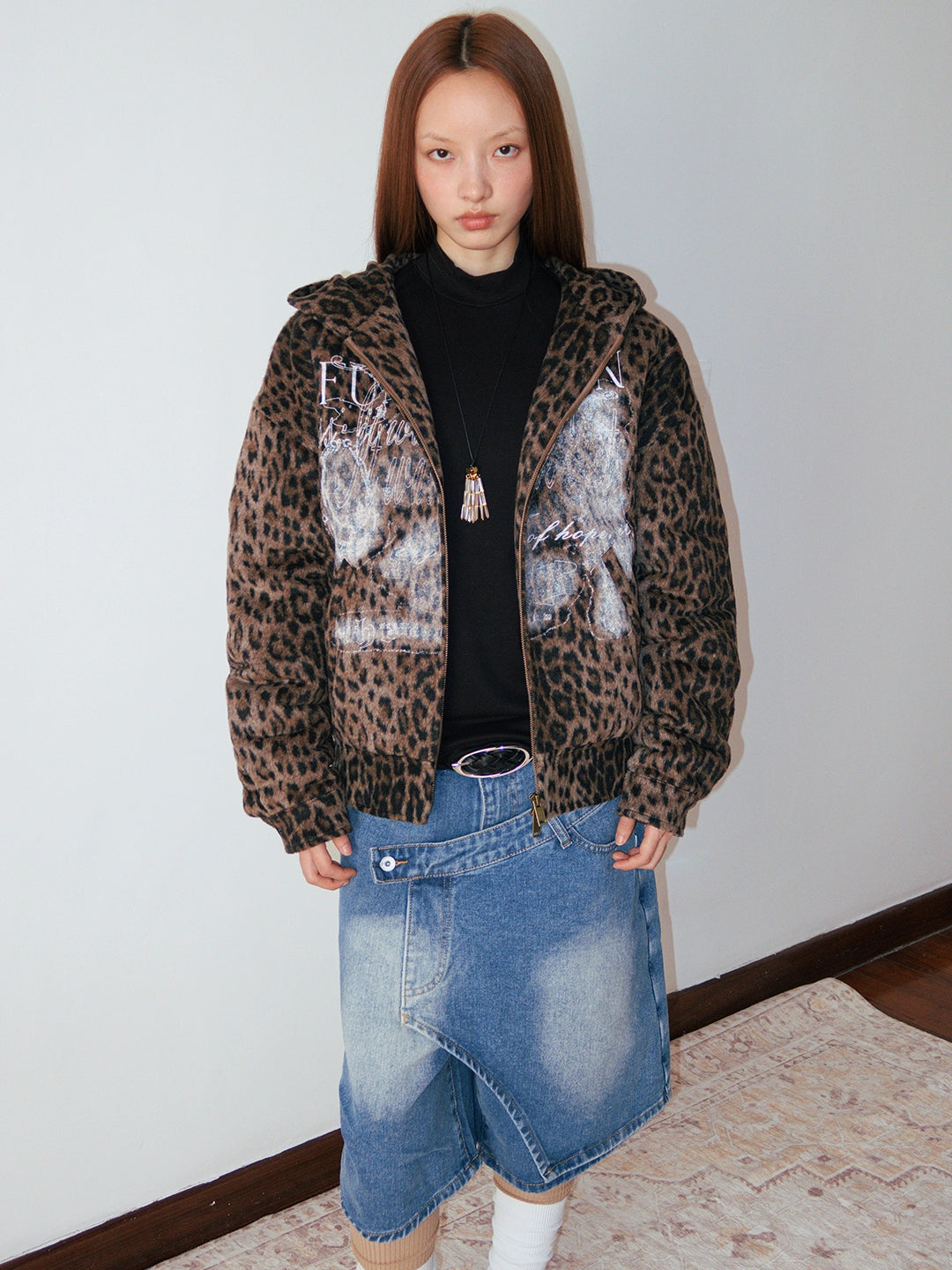 FUNKYFUN dark leopard print old print padded cotton thickened cotton clothes hooded sweater jacket