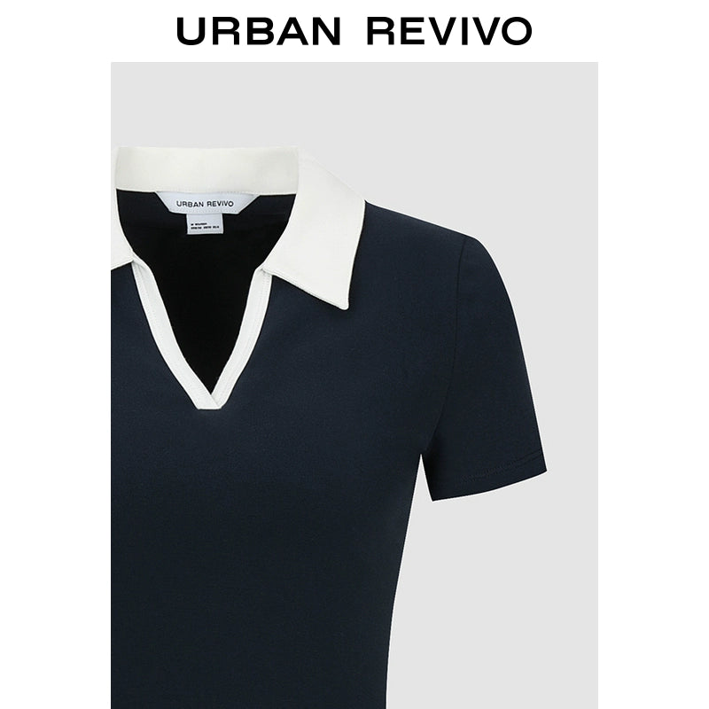 URBAN REVIVO Simple Contrasting Lapel Slim Tee