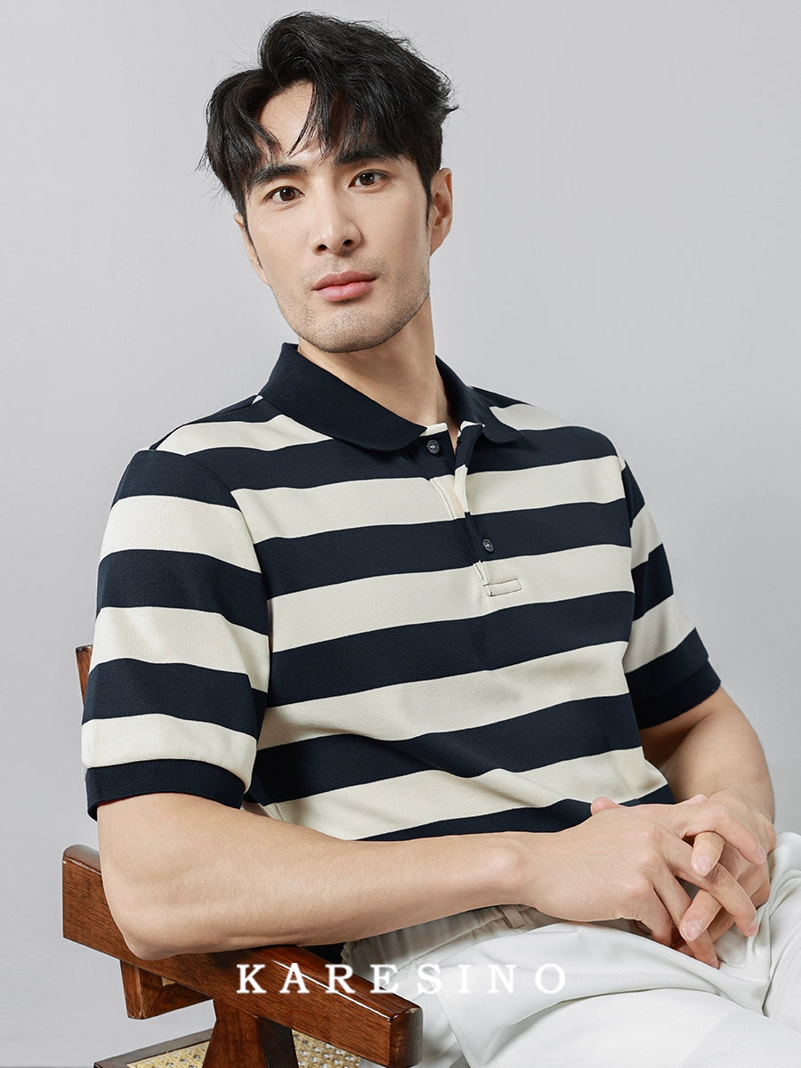 KARESINO Breathable Striped Lapel Knitted Polo Shirt