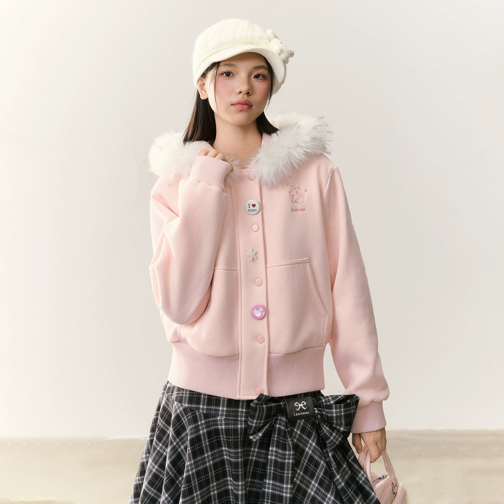 Umoumo Loose Puppy Embroidered Fur Collar Hooded Fleece Sweater