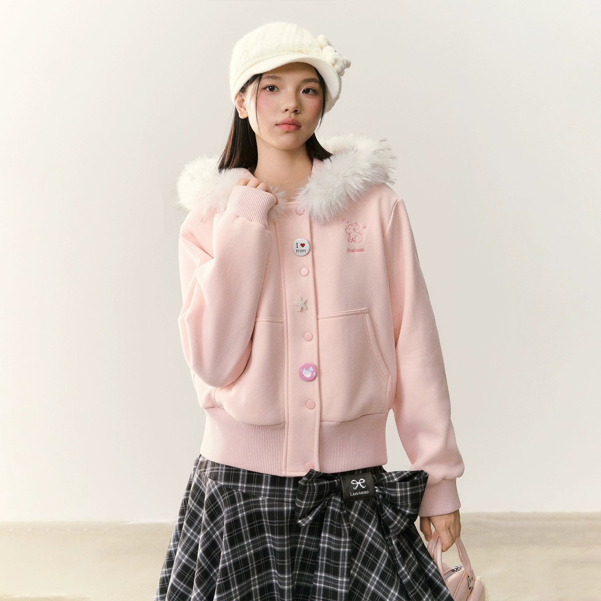 Umoumo Loose Puppy Embroidered Fur Collar Hooded Fleece Sweater