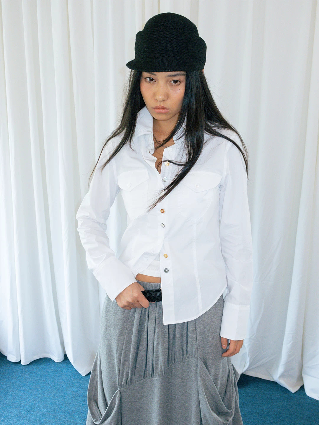 FUNKYFUN Lapel Twist Rope Waist Front Shoulder Shirt Jacket