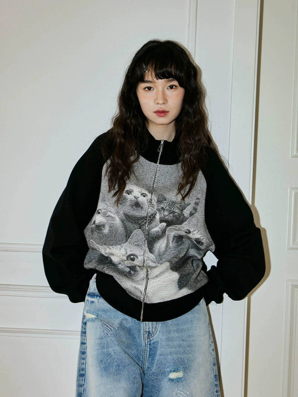 MoodLikeMe Cat Jacquard Ragged Lapel Cardigan Sweater
