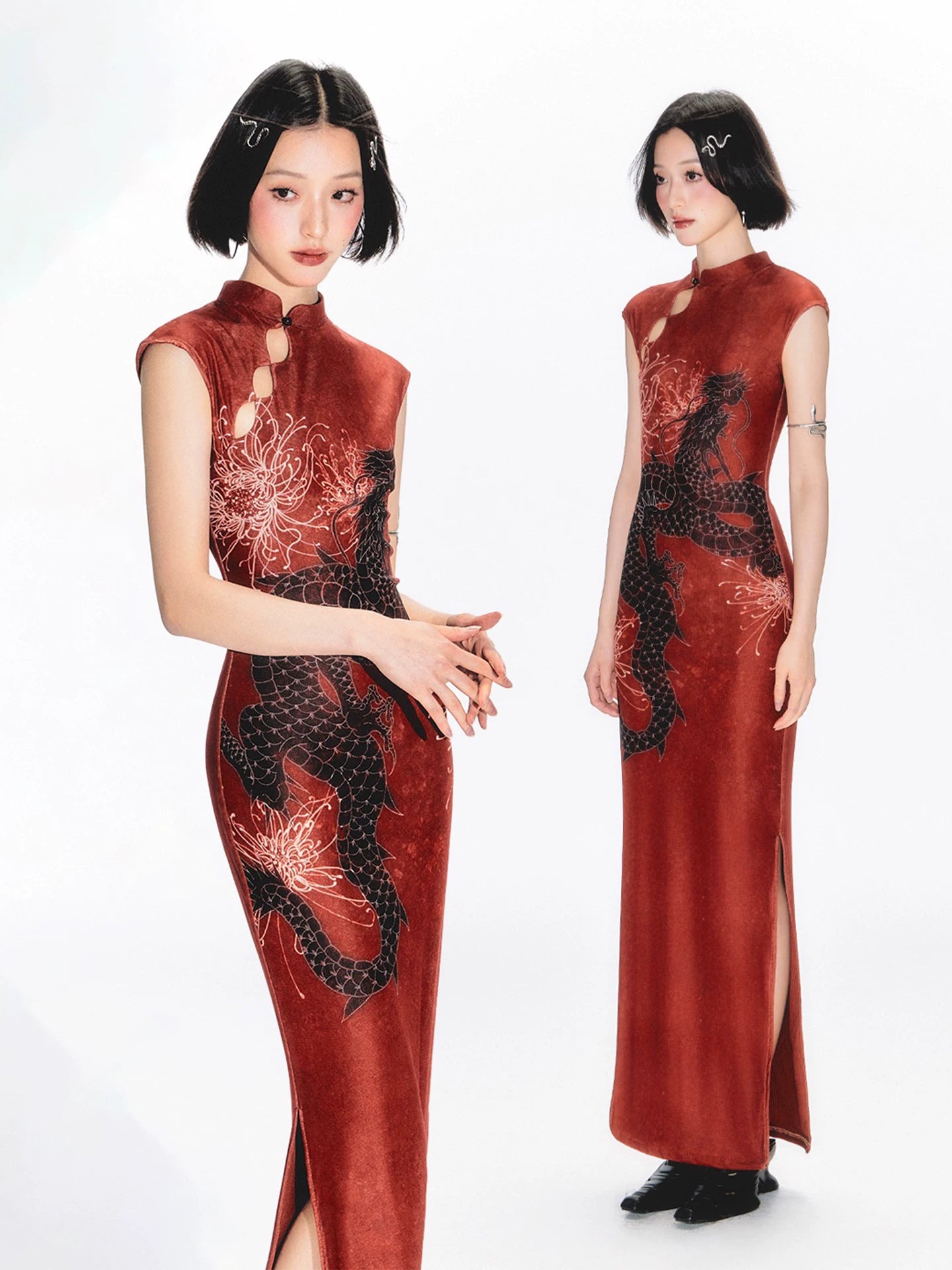YEDM Dragon Print Cheongsam Stand-up Collar Sleeveless Dress