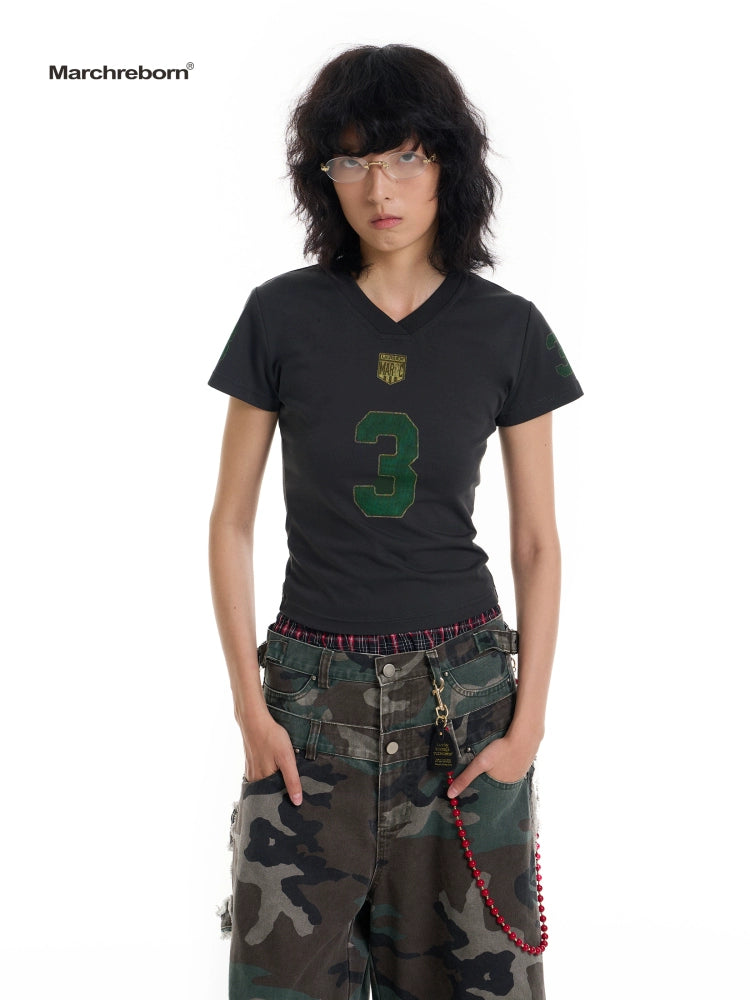 March Vintage Jersey Summer V-neck Digital Print Tee