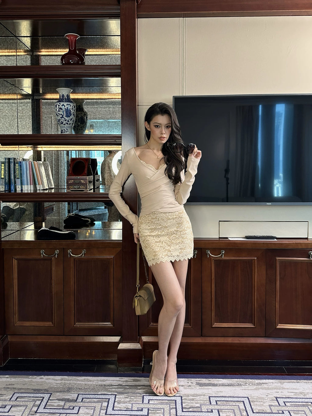 LLROGE Lace Dress Slim Long Sleeve Suit