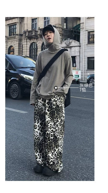 STILLYOU Vintage Rock Leopard Print Straight-pleated Slacks