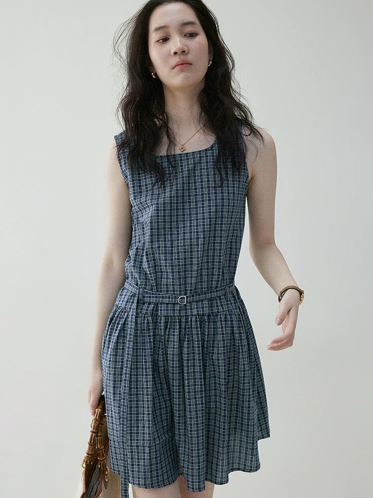 VOOE Retro Contrasting Plaid Waist Strap Dress