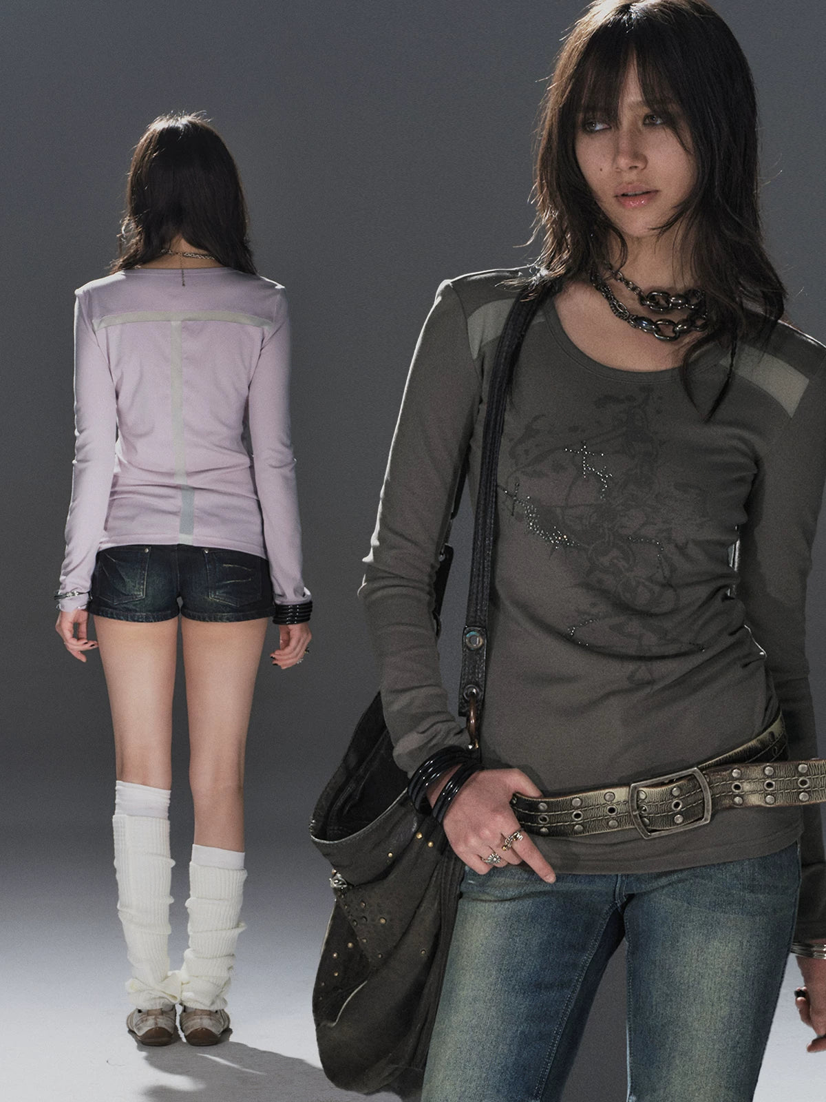 WearAndtear Mesh Stitching Round Neck Flash Diamond Slim Long Sleeve
