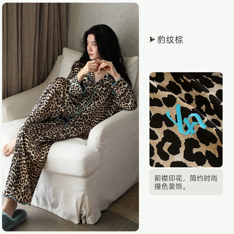 YUENEI Fashion Leopard Print Ice Silk Long-sleeved Trousers Pajamas