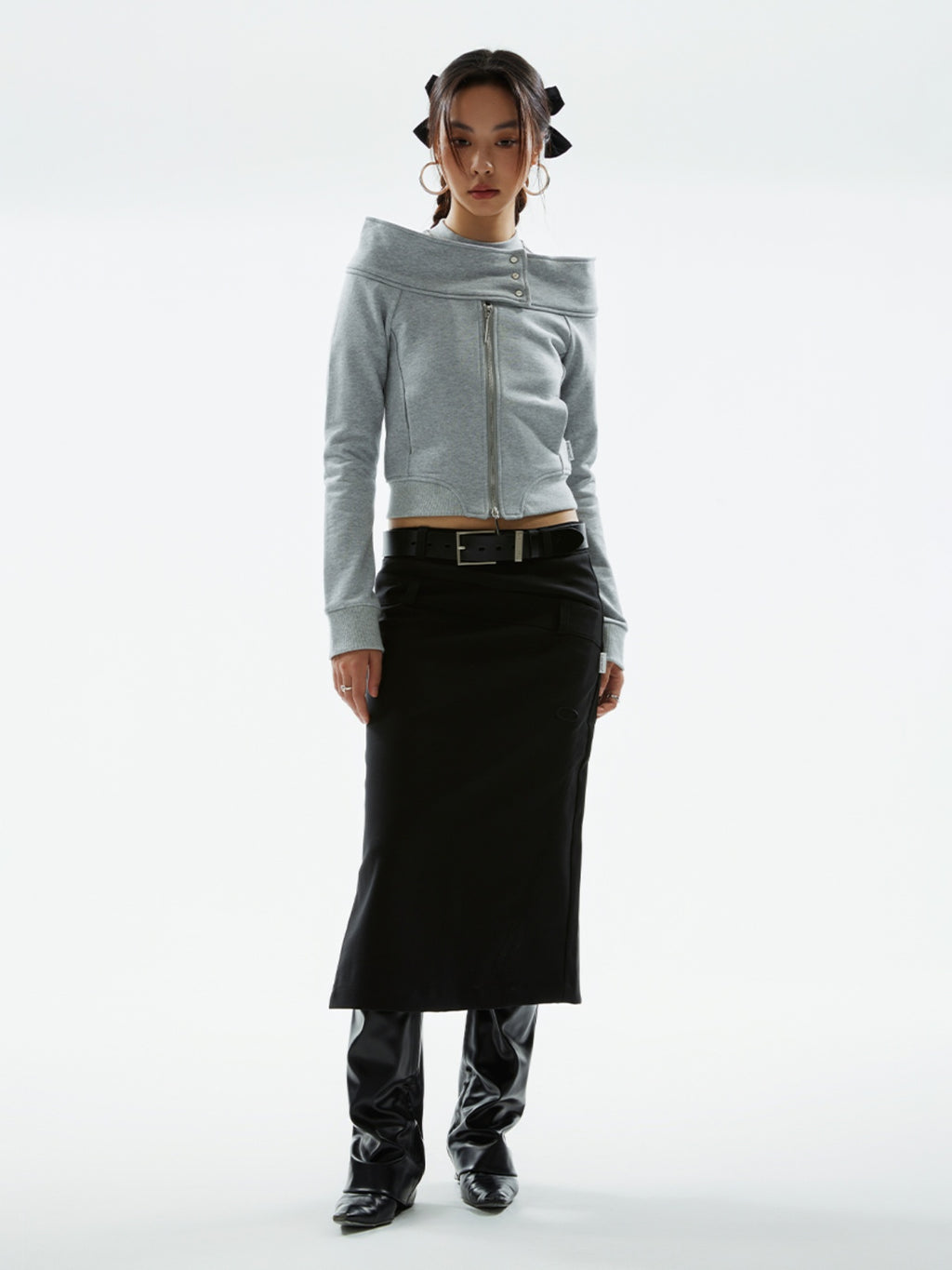 FUNKYFUN One-word Shoulder Zipper Cardigan Sweater
