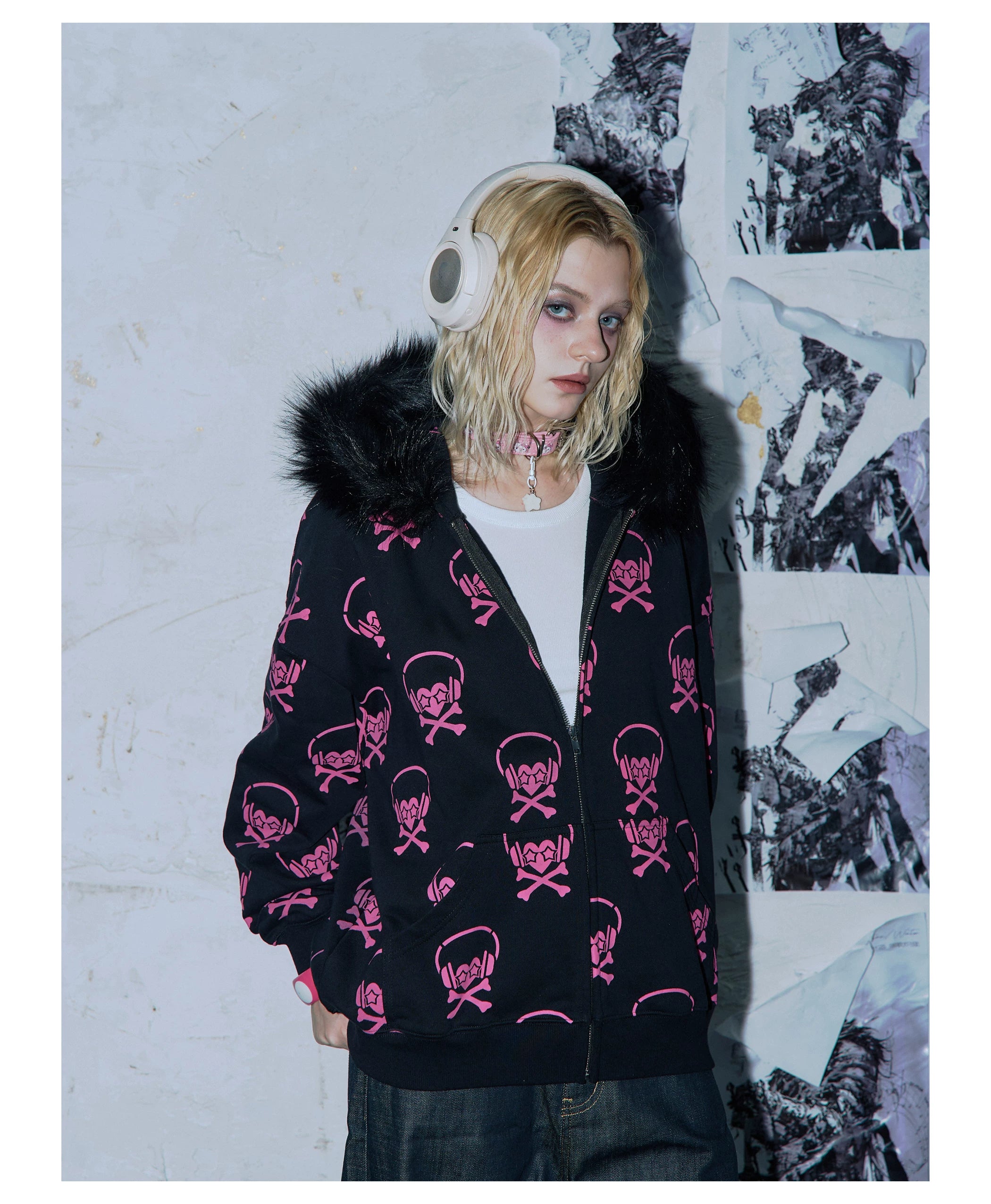 PAIKI Full of Headphones Skull Fur Collar Jacket