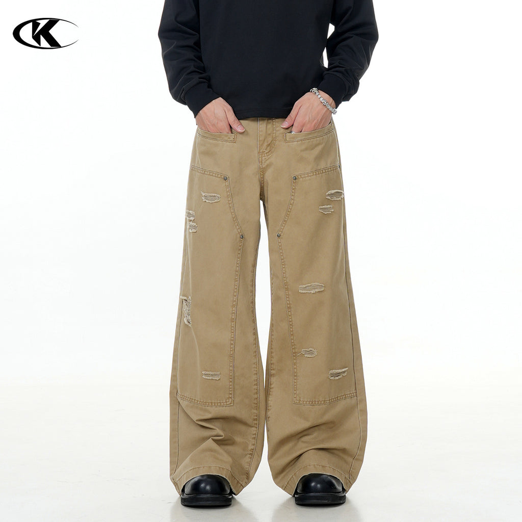 11KN irregular ripped Loose straight pants