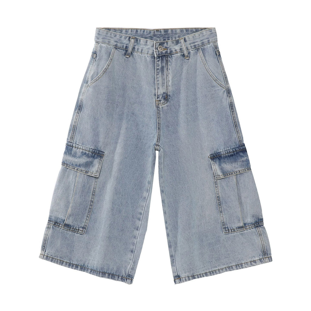 PUBLICRADIO Japanese Retro Primary Color Washed Denim Cropped Pants