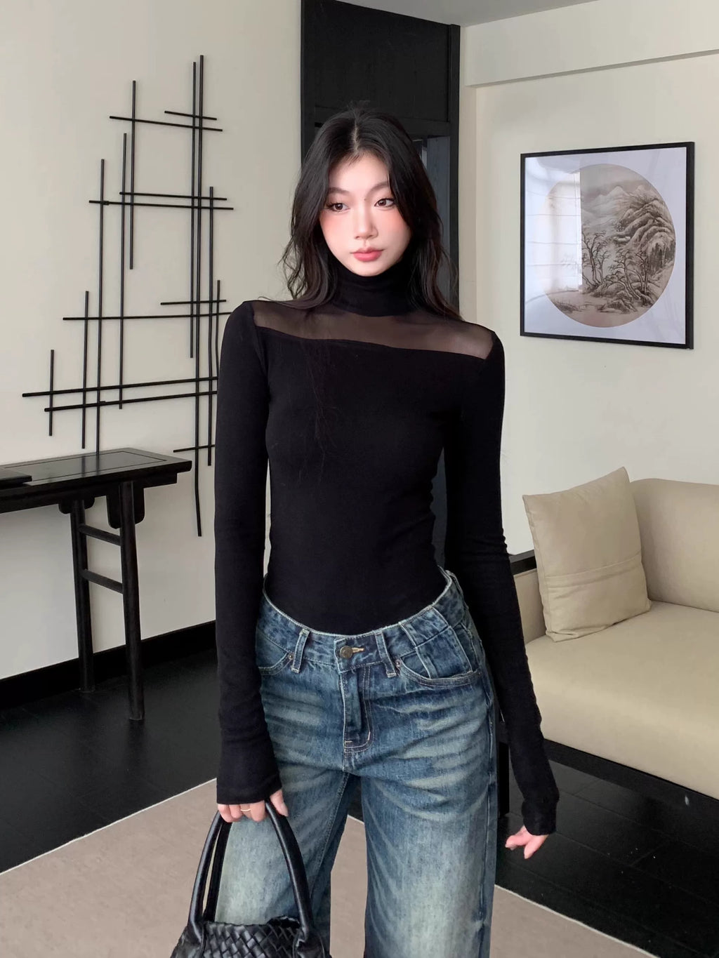 WITHMIN Semi-turtleneck Hollow Slim Bottom Long Sleeve