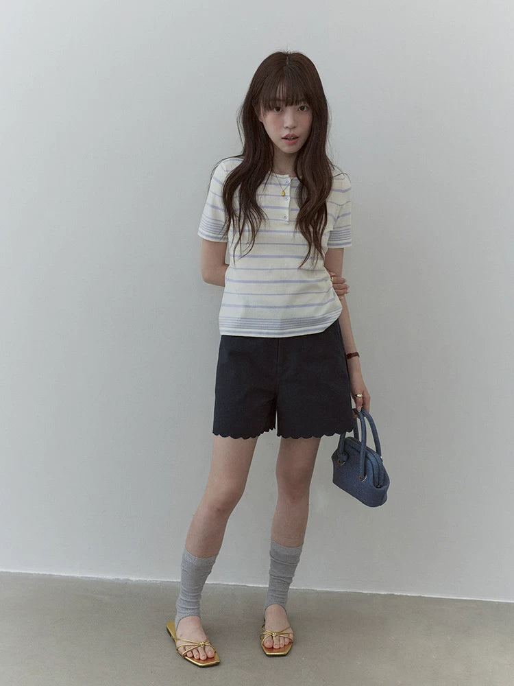 VOOE Contrasting Color Crew Neck Striped Knitted Tee