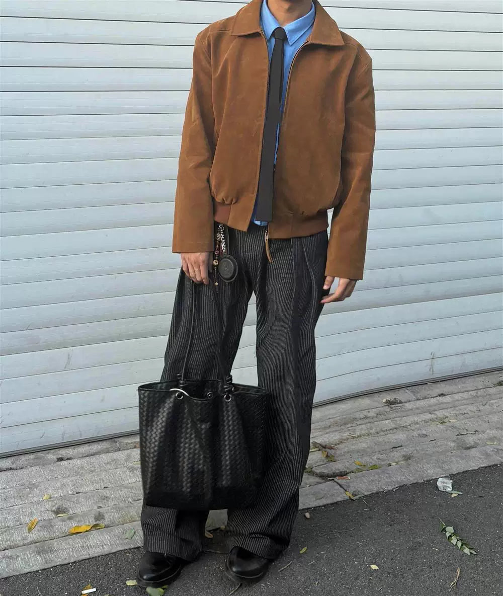 AMBSOM Velvet Suede Lapel Stand-Up Shoulder Jacket