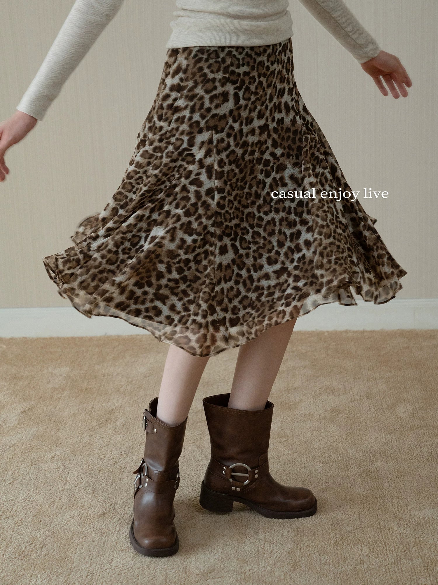 EGGKA High Waist Leopard Print Drape Skirt