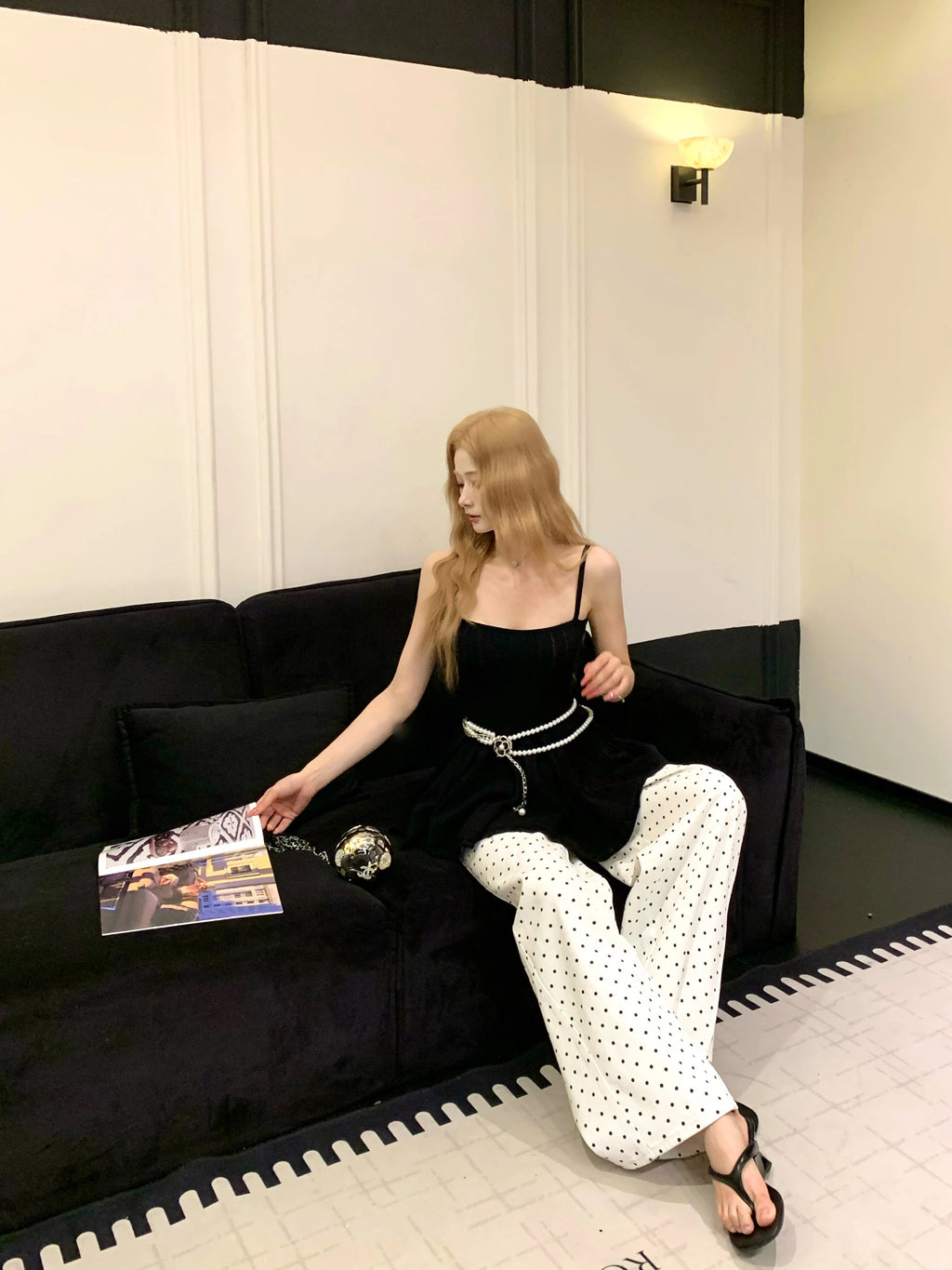Barb Chill Suspender Top Polka Dot Wide Leg Pants Set