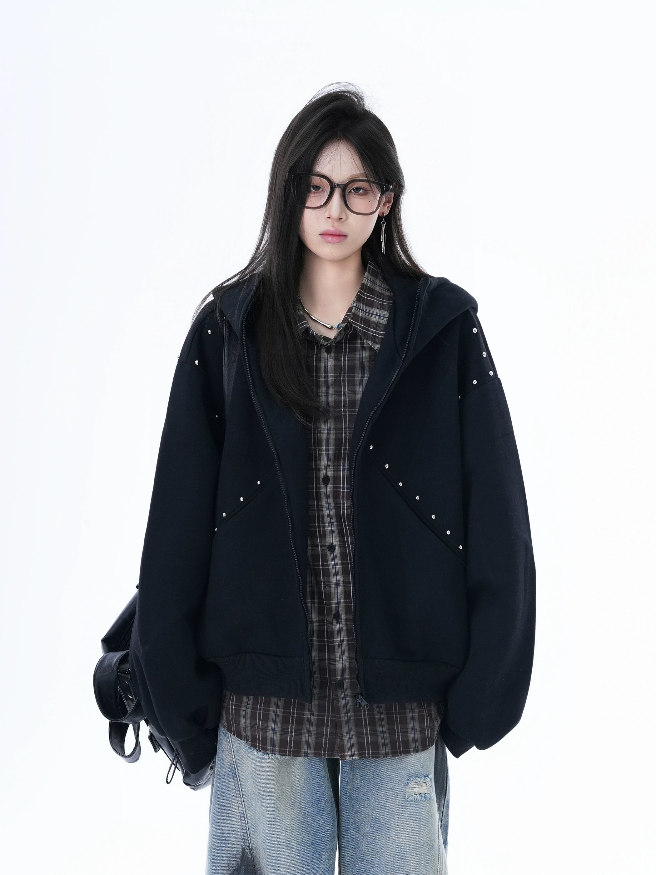 Zuocisankon Dog Ears Rivet Zip Cardigan Sweater