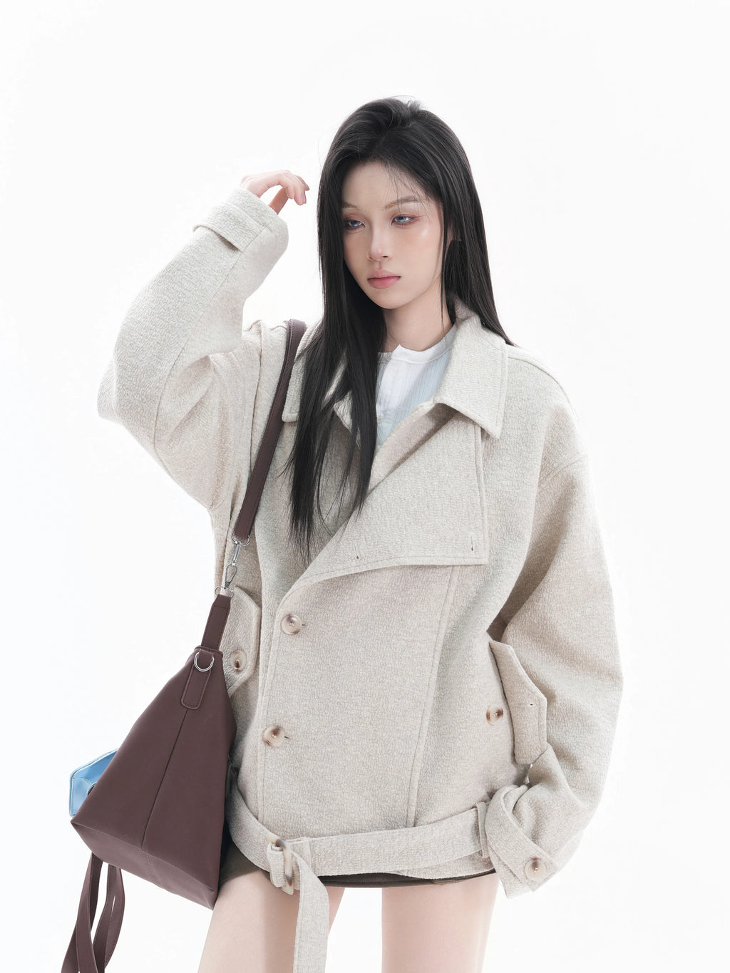 Zuocisankon Mitre-breasted Waist Strap Woolen Jacket