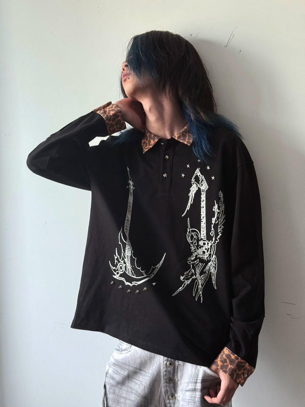 PAIKI Leopard Print Spliced Lapel Polo Shirt