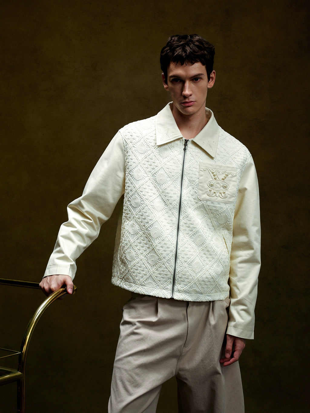 YADcrew Vintage Embroidered Zip Lace Lapel Jacket