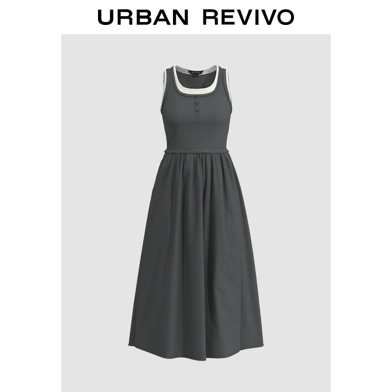 URBAN REVIVO Stitching Fake Two-piece Contrasting Sleeveless Dress