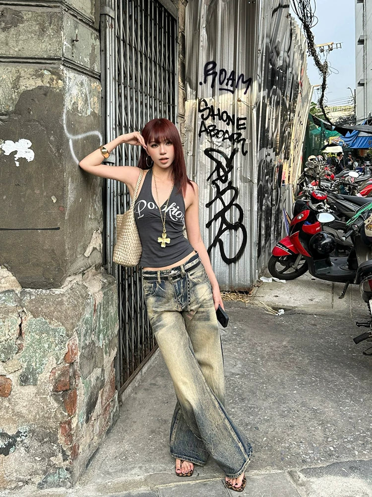 EAHO Retro Old Gradual Change Wide Leg Jeans